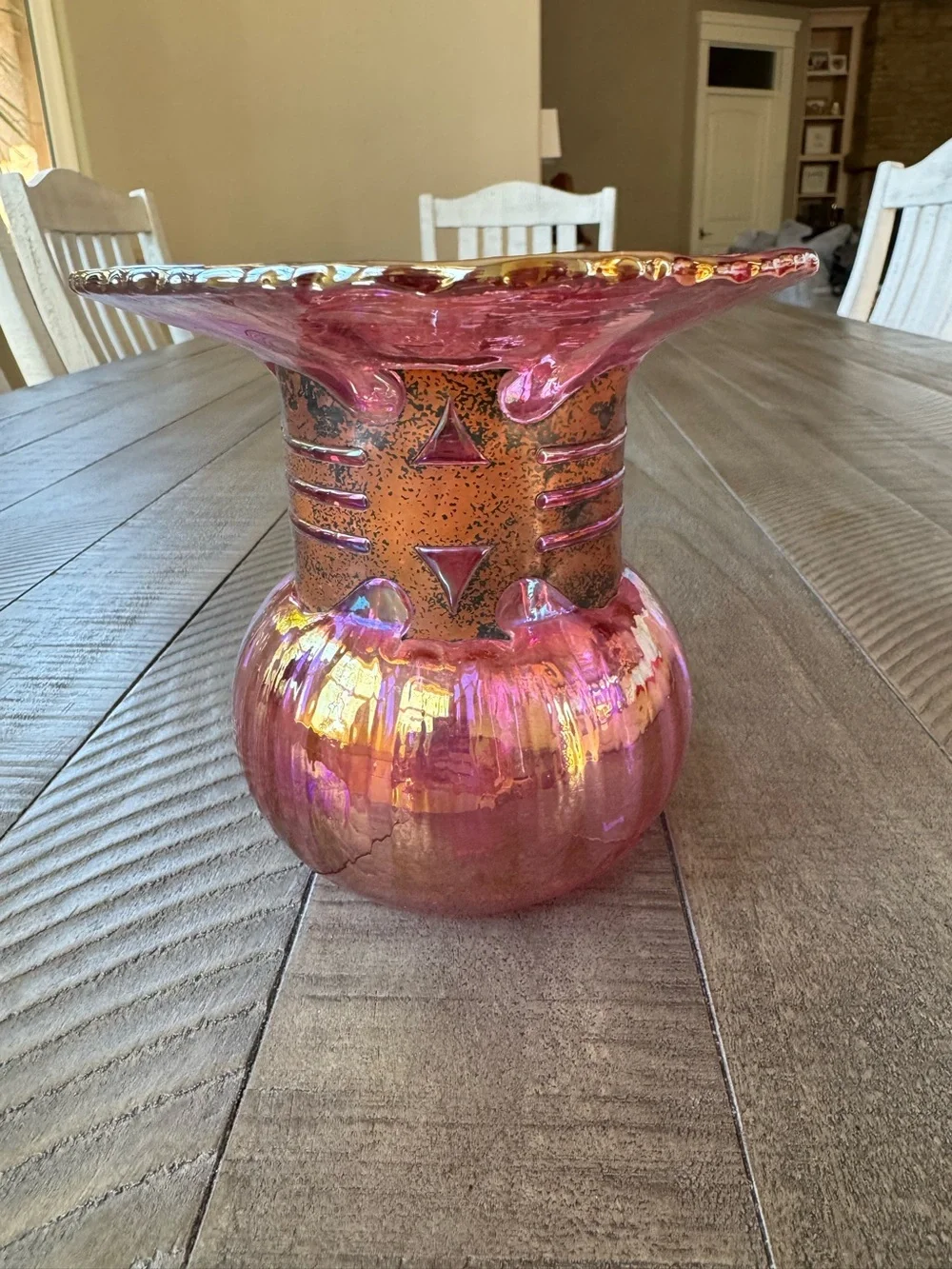 Vintage Silvestri Mouth-Blown Iridescent Pink/Purple Glass Vase W/Cage Neck Ring